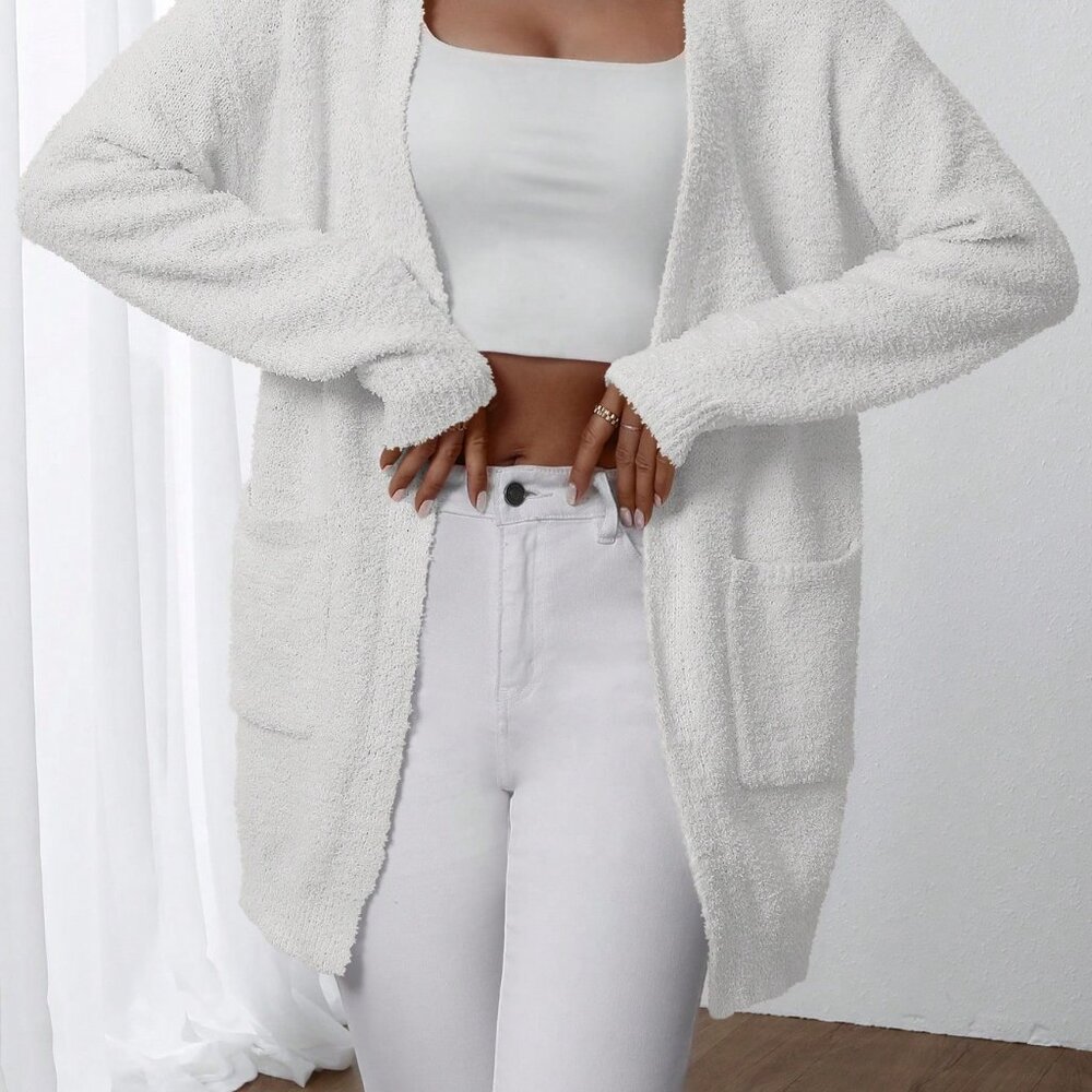 White Casual Women's Plain Long Sleeve Minimalist Cardigan Top - Picture 3 of 6